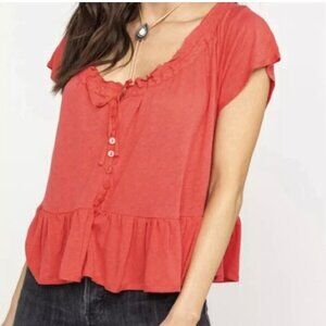 Free People Charlie Swing Tee Size L Coral Red Ruffle Hem Boho Babydoll Top